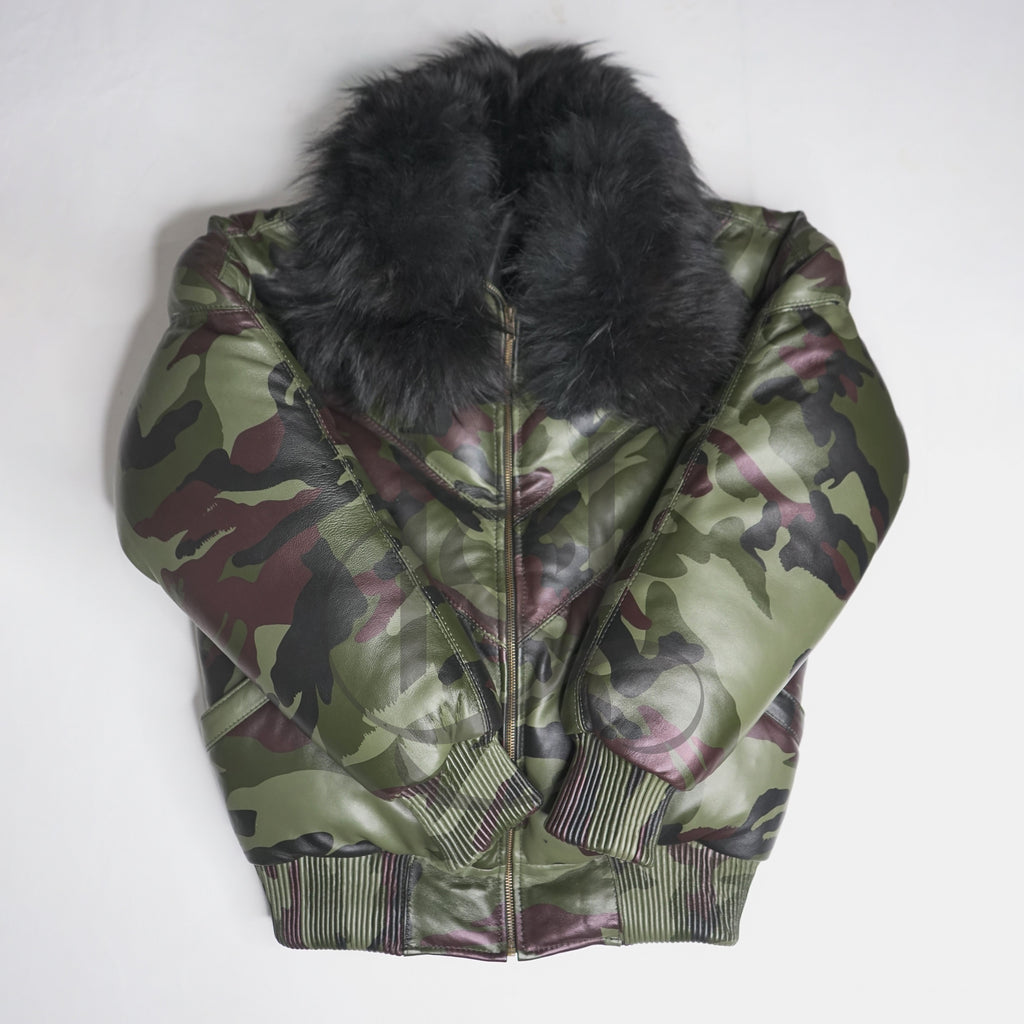 Chaqueta de piel de oveja estilo bomber con cuello de piel auténtica y camuflaje 100 % plumón de pato para hombre