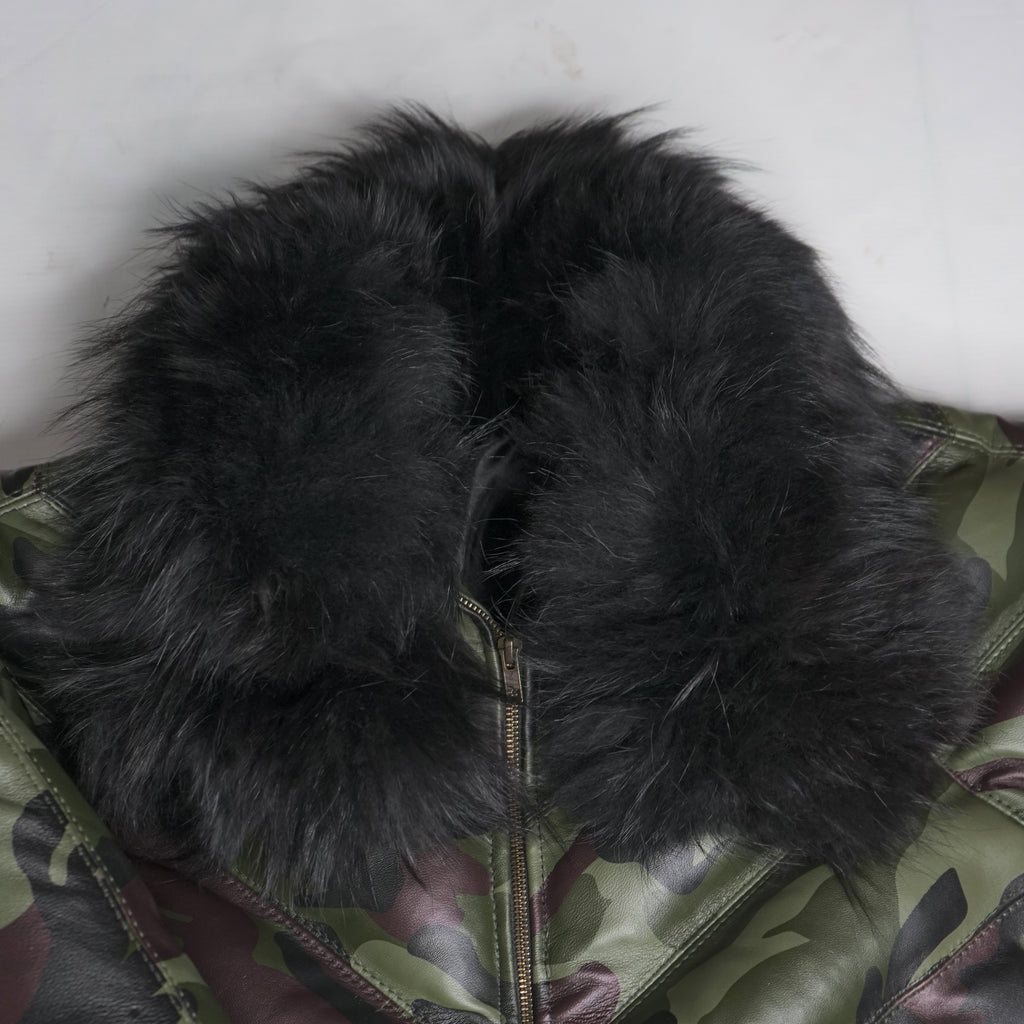 Chaqueta de piel de oveja estilo bomber con cuello de piel auténtica y camuflaje 100 % plumón de pato para hombre