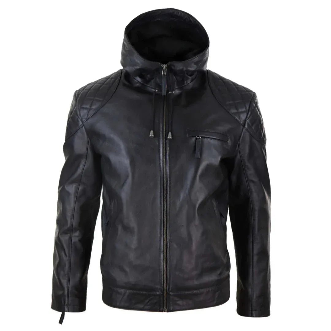 Men's Casual Zip Retro Hooded  Genuine Leather Jacket