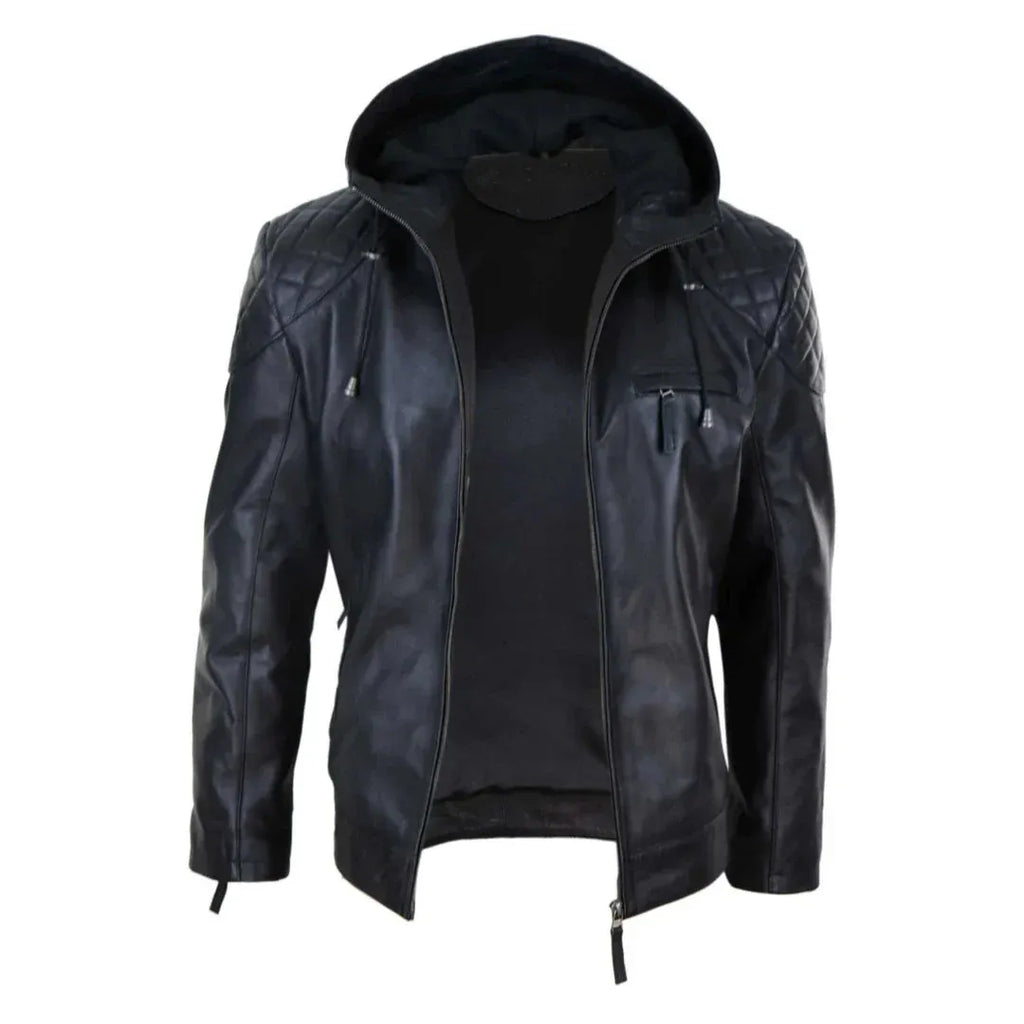 Men's Casual Zip Retro Hooded  Genuine Leather Jacket