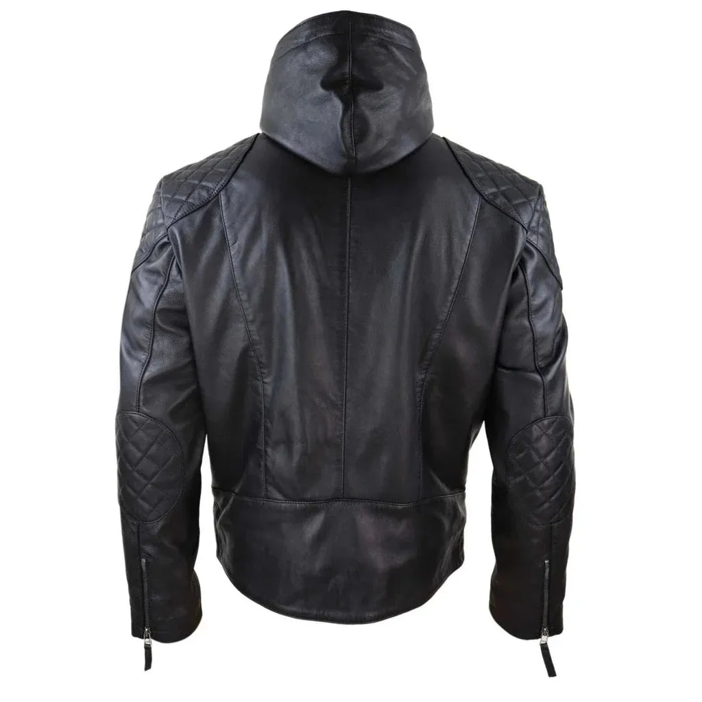 Men's Casual Zip Retro Hooded  Genuine Leather Jacket