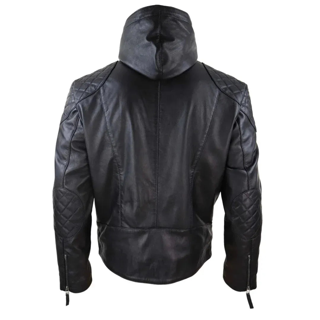 Men's Casual Zip Retro Hooded  Genuine Leather Jacket