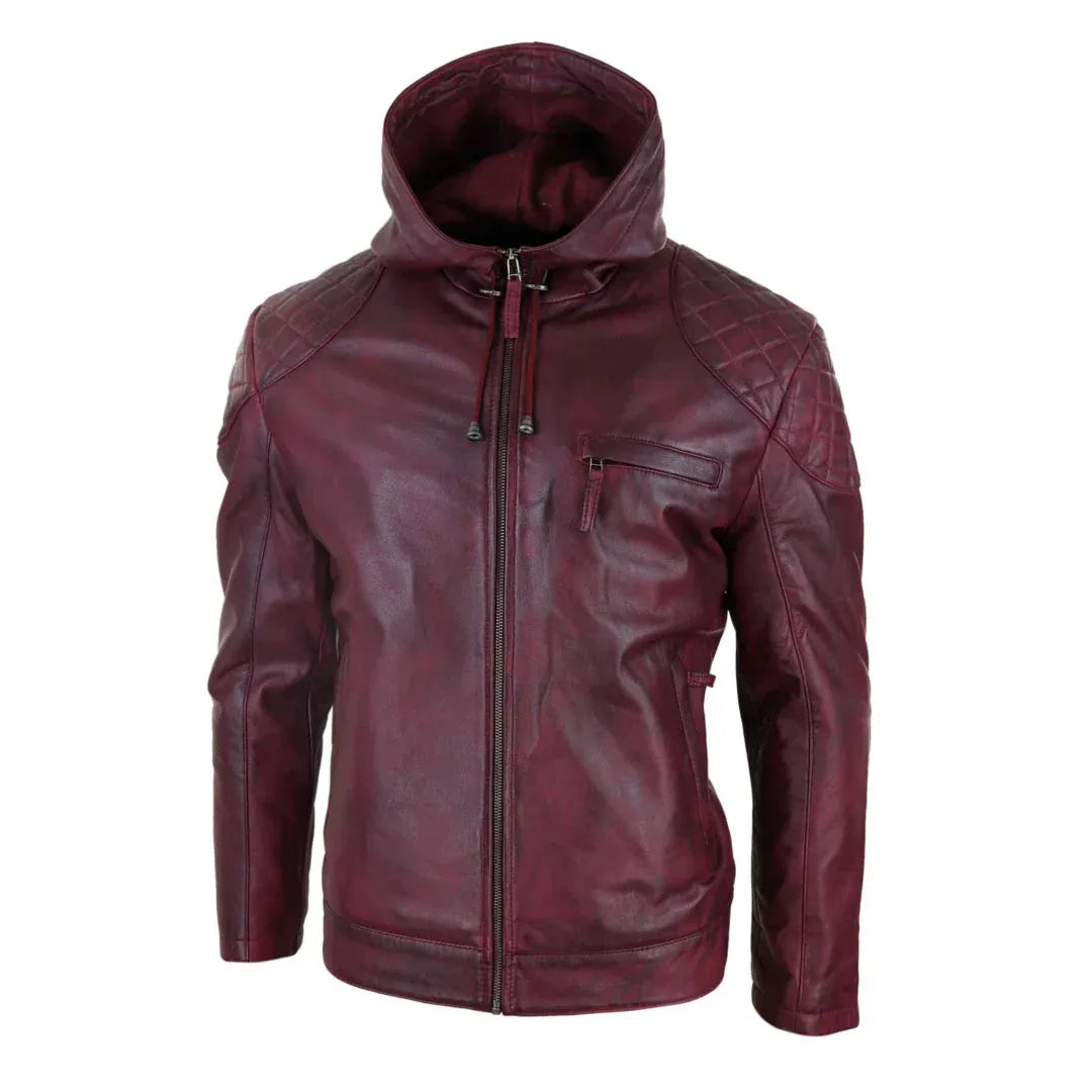 Men's Casual Zip Retro Hooded  Genuine Leather Jacket