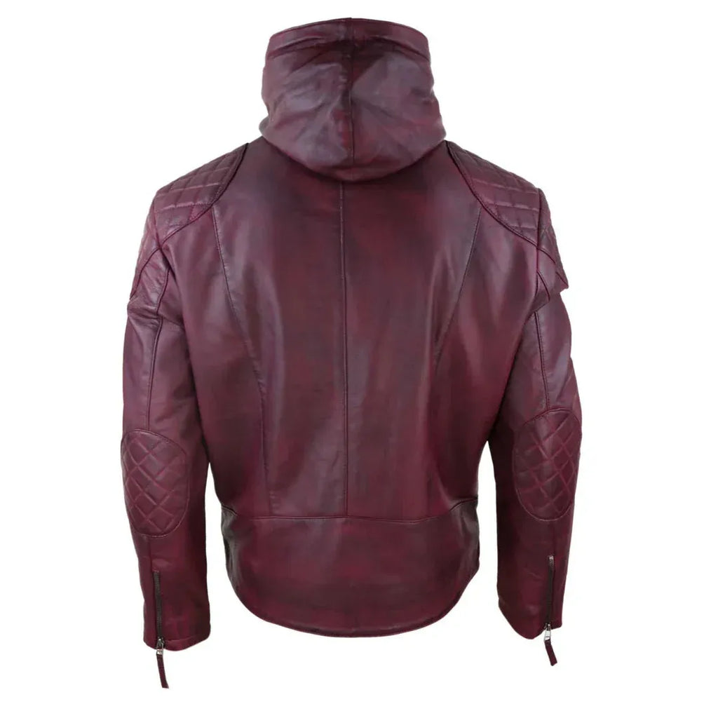 Men's Casual Zip Retro Hooded  Genuine Leather Jacket