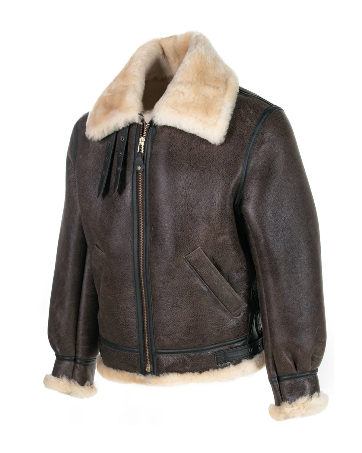 Men's Classic B-3 Sheepskin Leather Bomber Jacket Brown / Beige