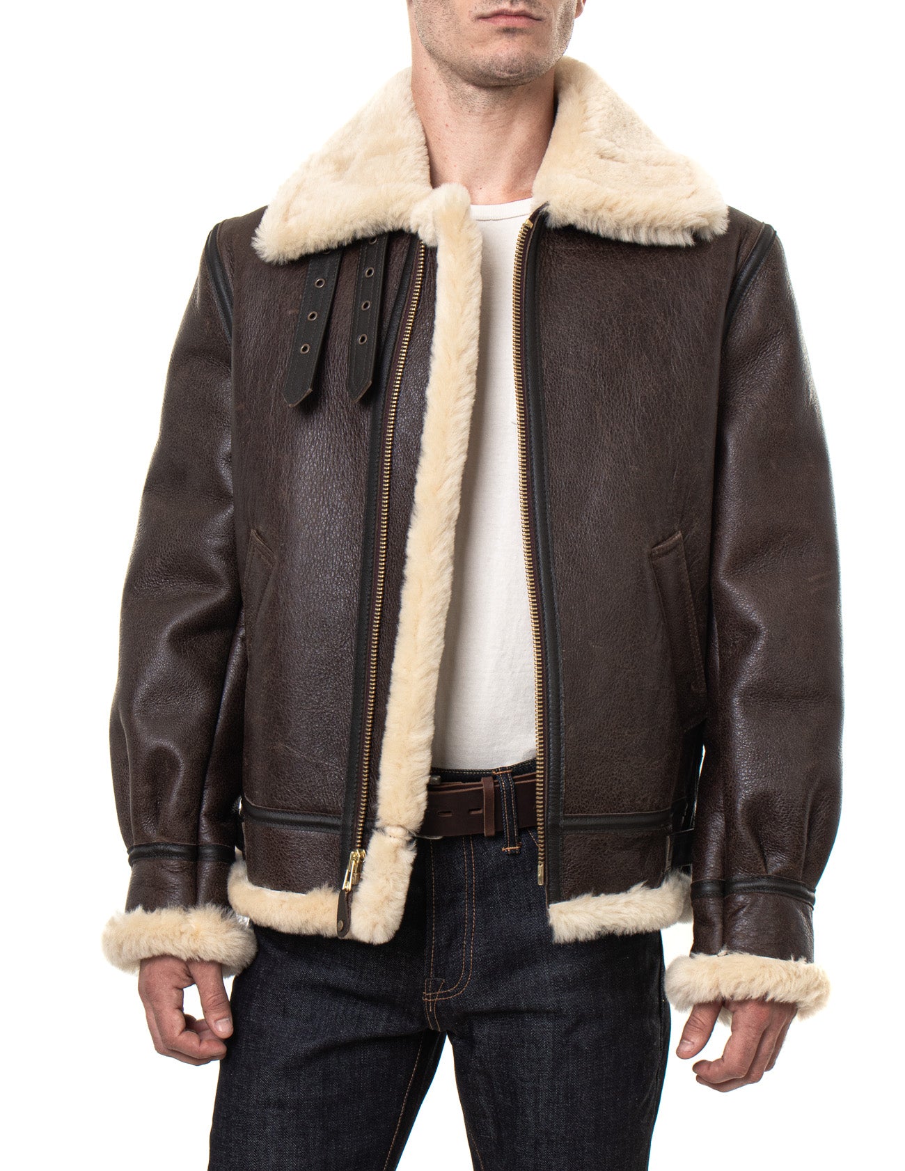 Men's Classic B-3 Sheepskin Leather Bomber Jacket Brown / Beige