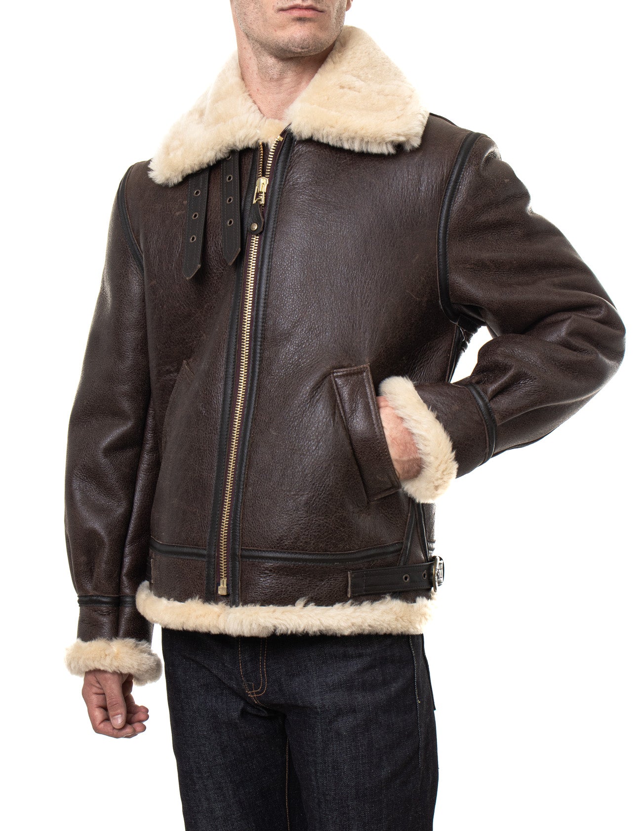 Men's Classic B-3 Sheepskin Leather Bomber Jacket Brown / Beige