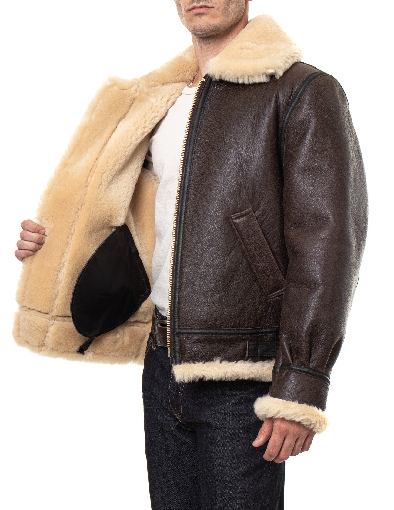 Men's Classic B-3 Sheepskin Leather Bomber Jacket Brown / Beige