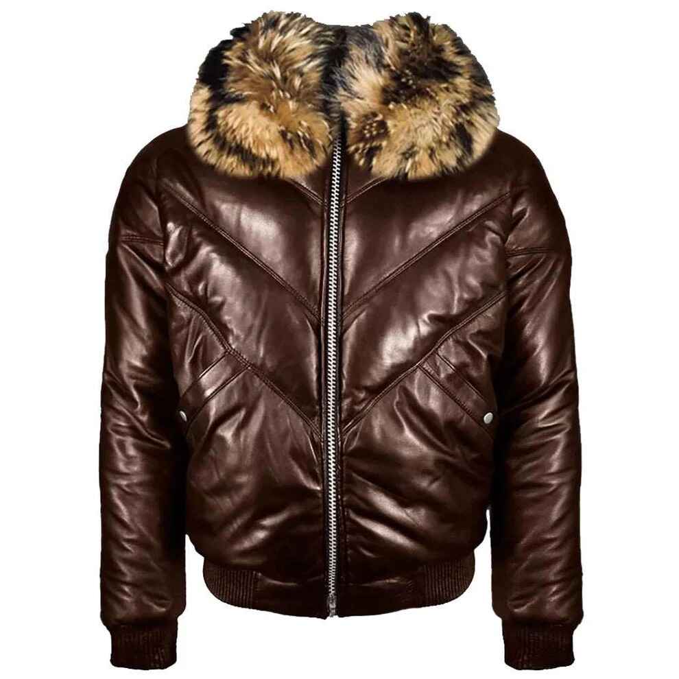 Men's Dark Brown V-Bomber Leather Jacket With Raccoon Fur Collar