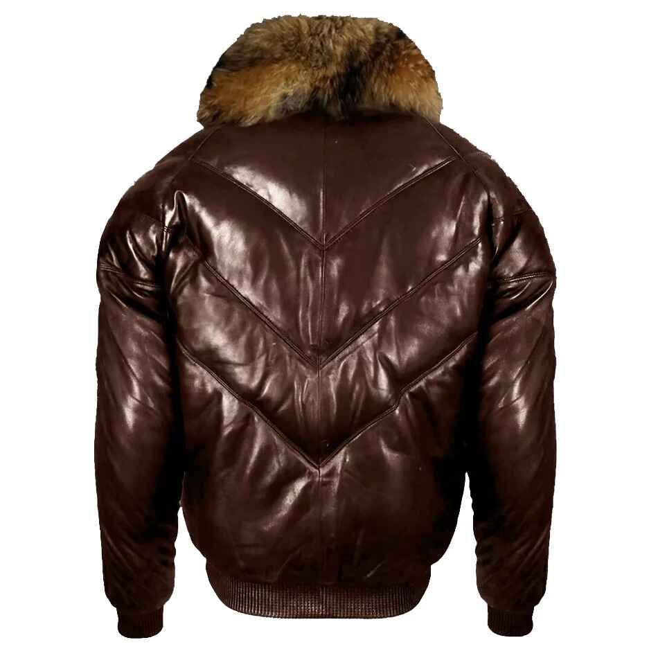 Men's Dark Brown V-Bomber Leather Jacket With Raccoon Fur Collar