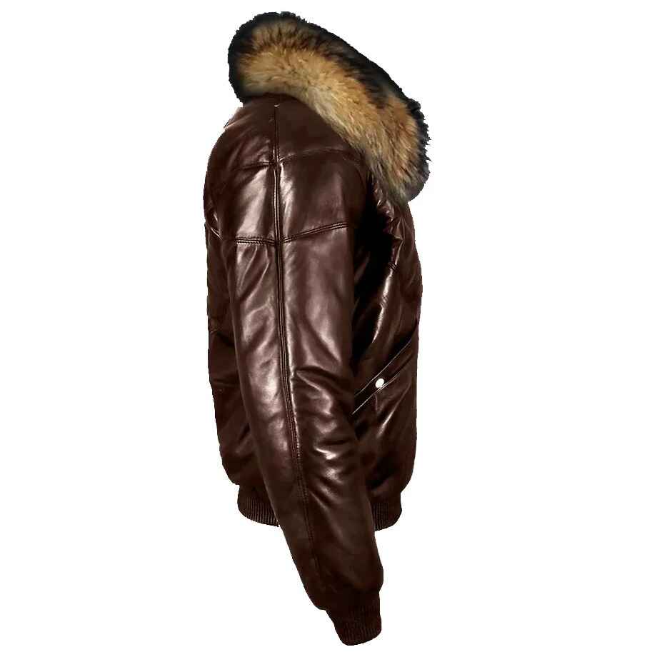 Men's Dark Brown V-Bomber Leather Jacket With Raccoon Fur Collar