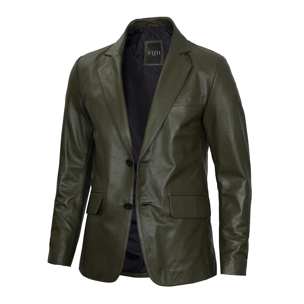 Men's Dark Green Button Down Leather Blazer