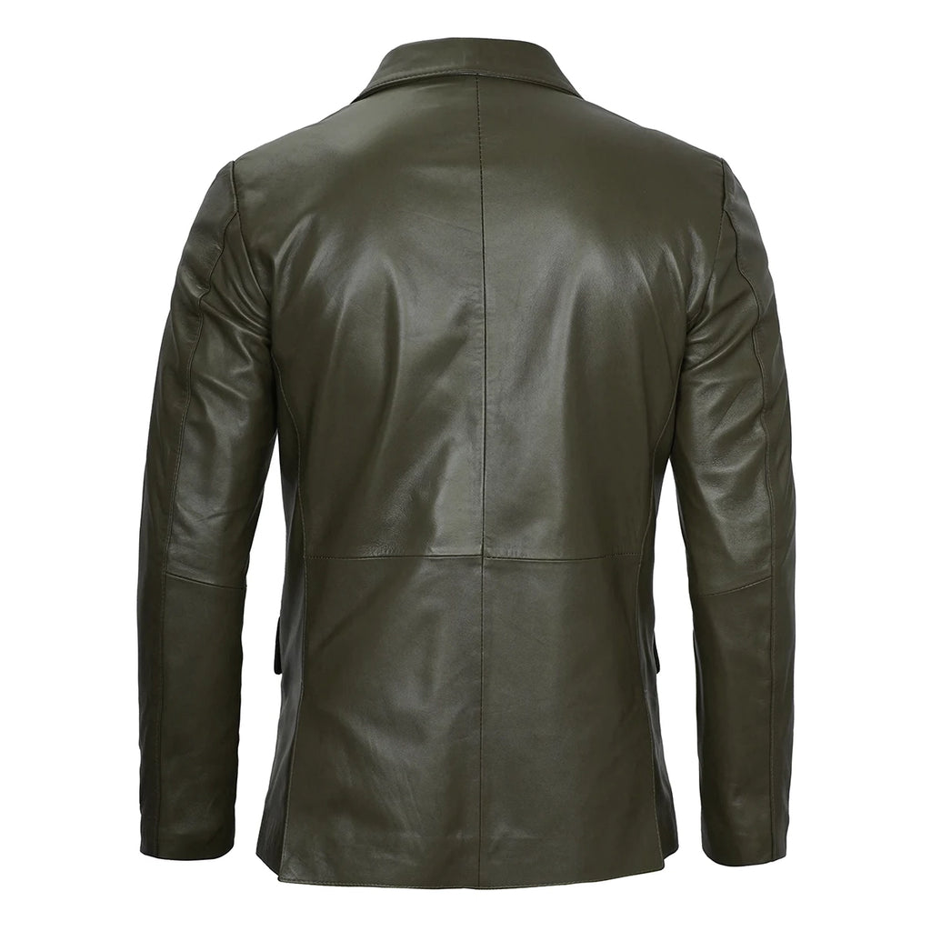 Men's Dark Green Button Down Leather Blazer