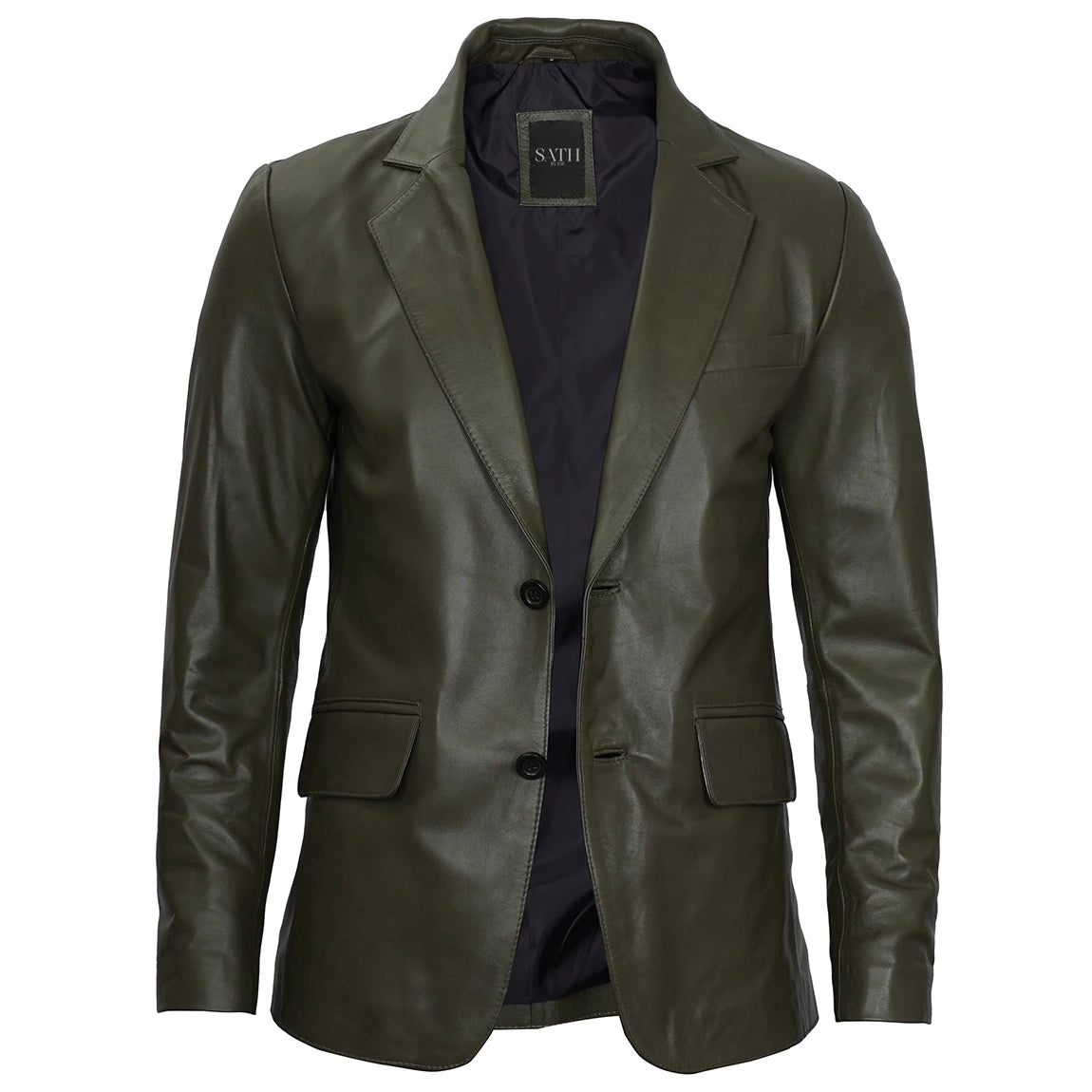 Men's Dark Green Button Down Leather Blazer
