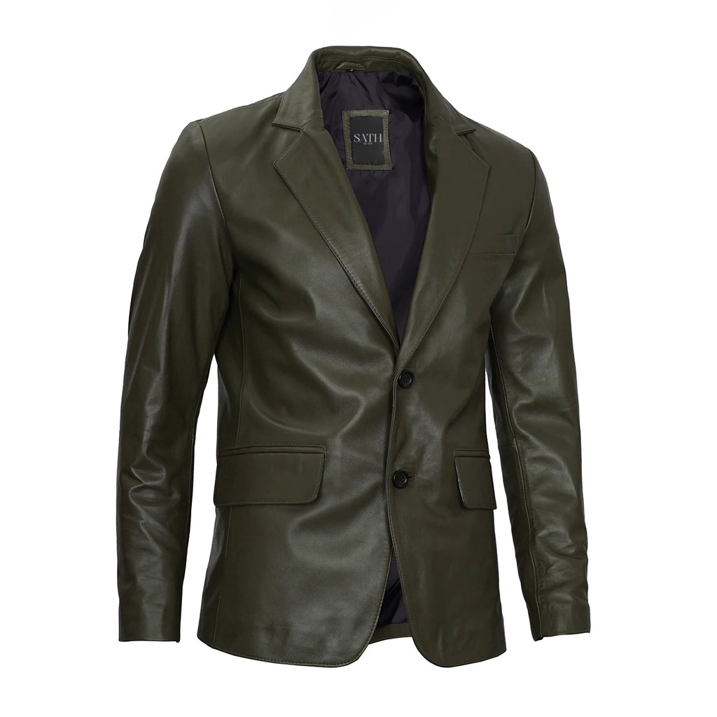 Men's Dark Green Button Down Leather Blazer