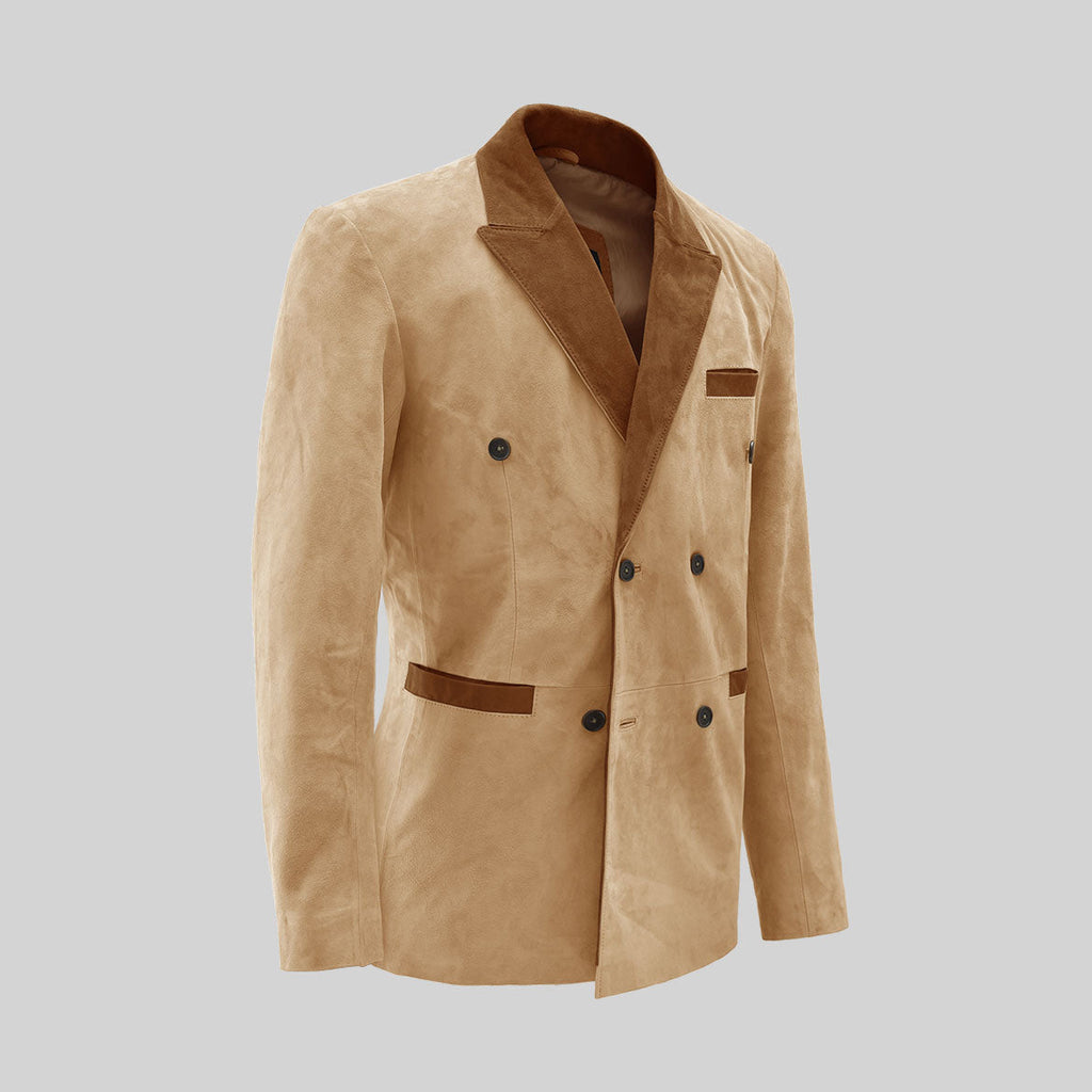 Men's Double Breasted Beige Suede Hampton Leather Blazer