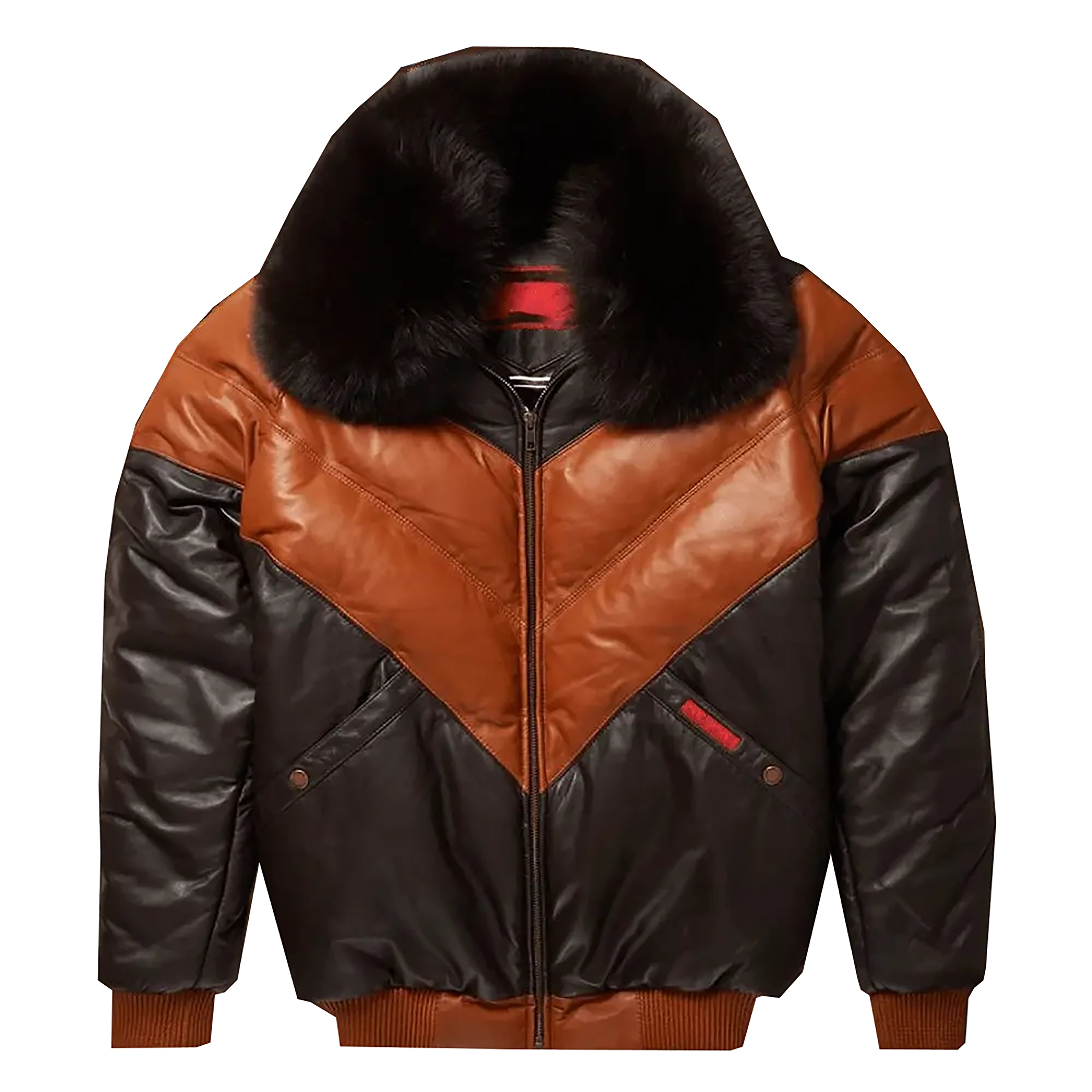 Men's Double Goose Puffer Fox Fur Collar Lambskin Leather V-Bomber Jacket