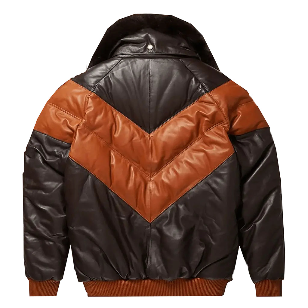 Herren Double Goose Puffer V-Bomberjacke aus Fuchspelz mit Kragen aus Lammleder