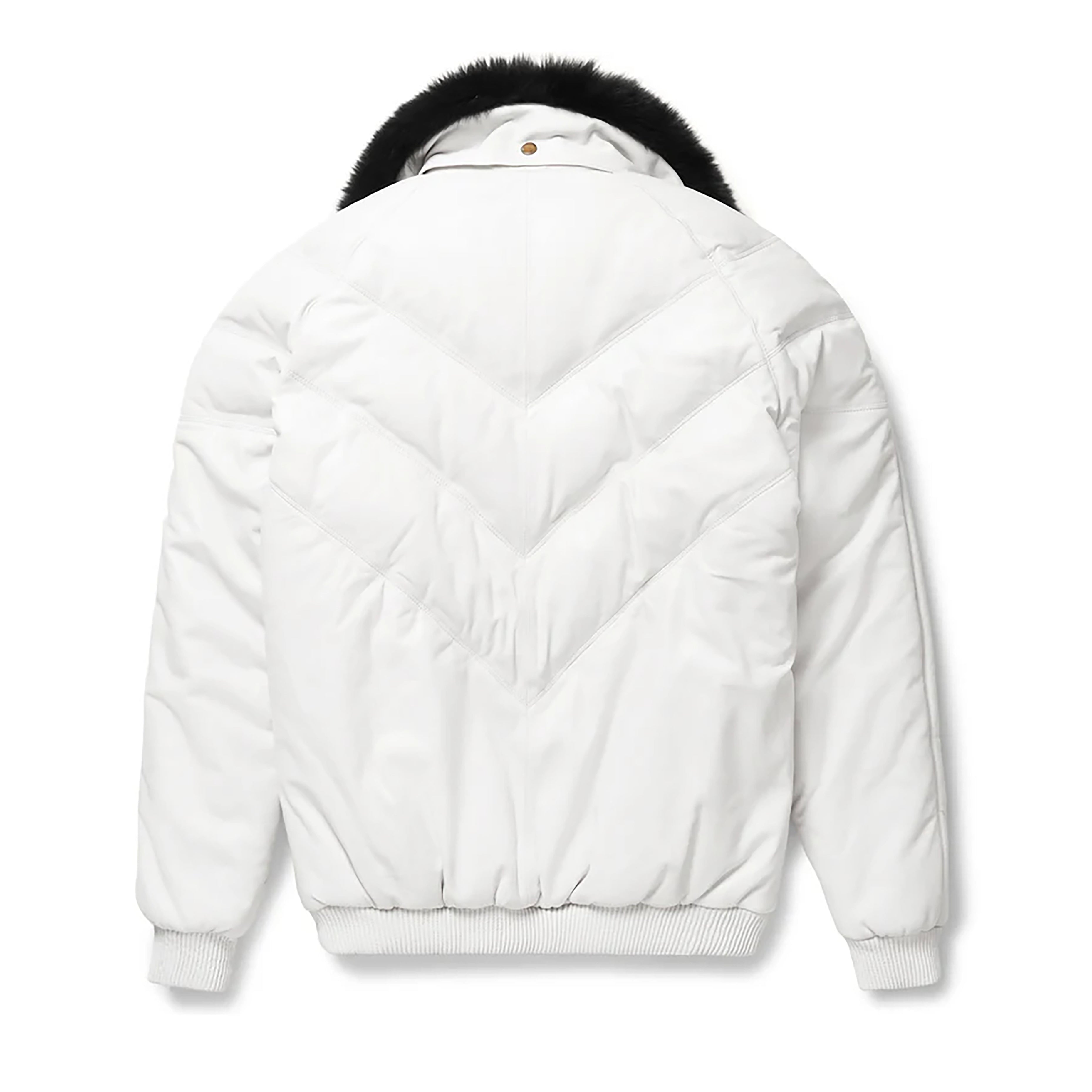 Men's Double Goose Puffer Fox Fur Collar Lambskin Leather V-Bomber Jacket