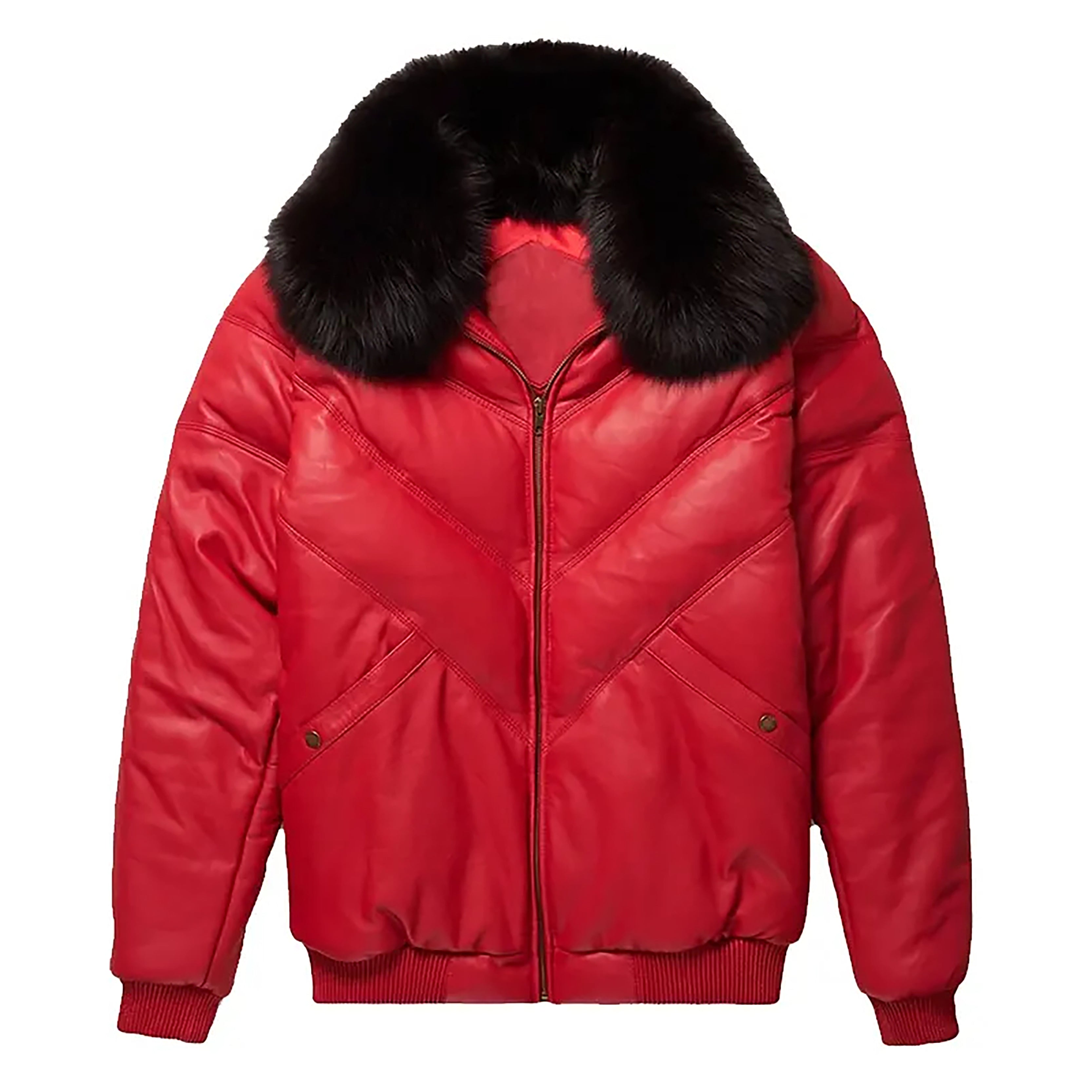 Men's Double Goose Puffer Fox Fur Collar Lambskin Leather V-Bomber Jacket