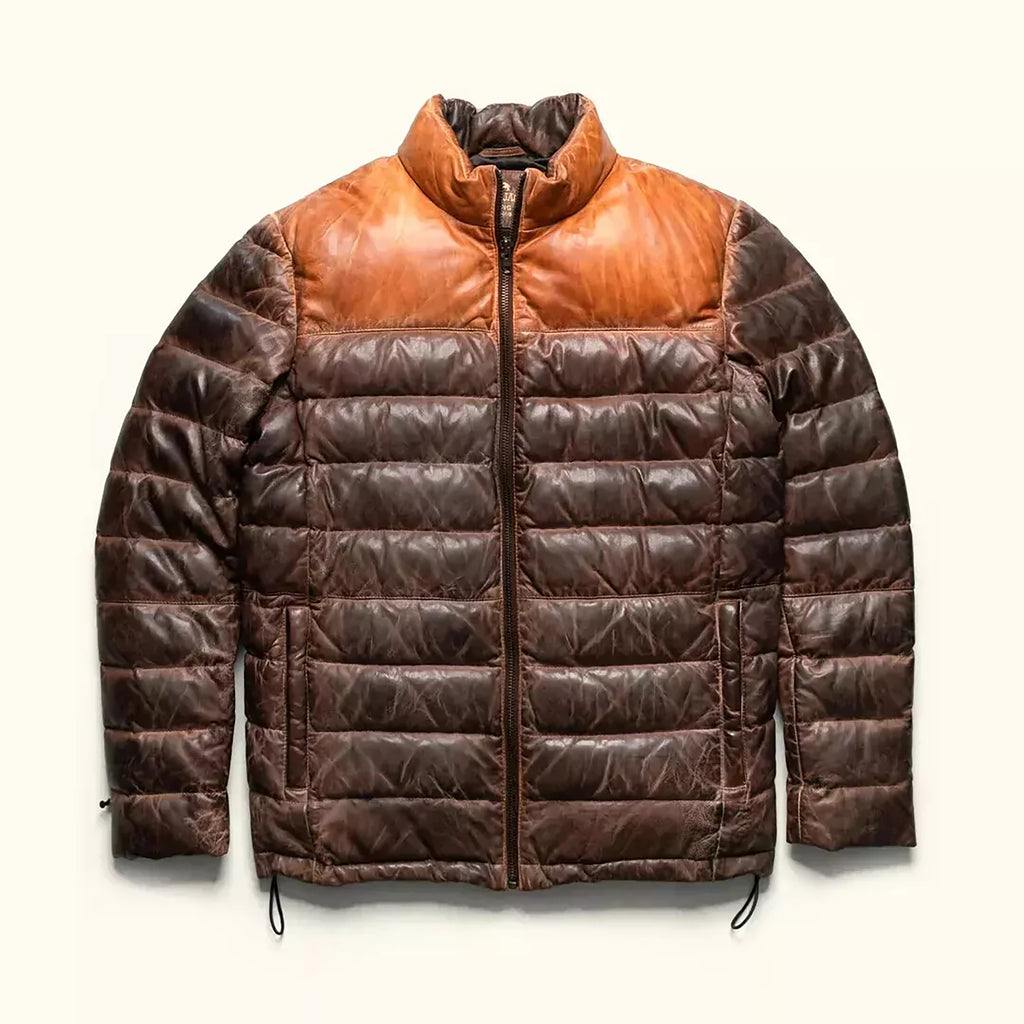 Men's Double Tone Distressed Quilted Style Sheepskin Leather Puffer Jacket