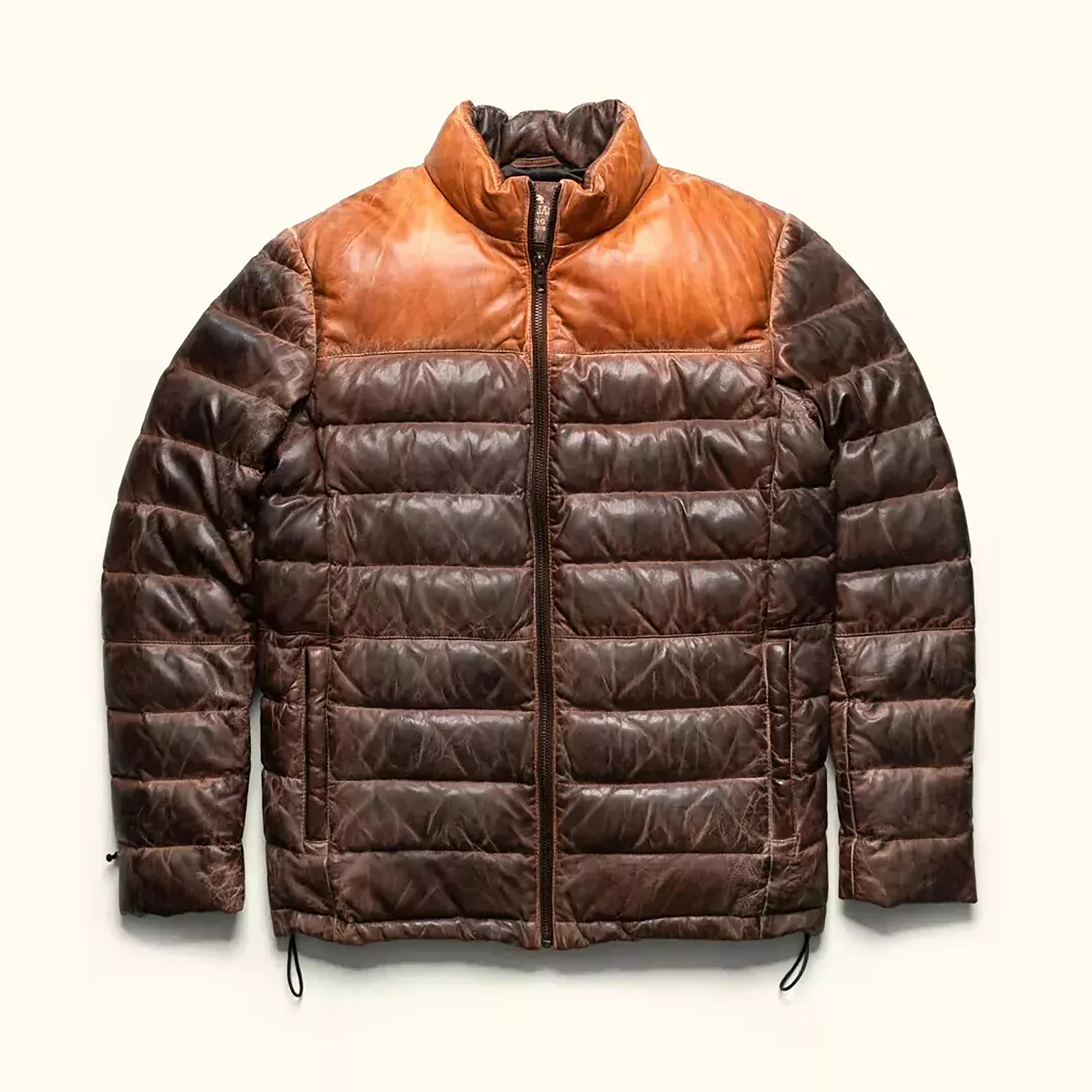 Men's Double Tone Distressed Quilted Style Sheepskin Leather Puffer Jacket