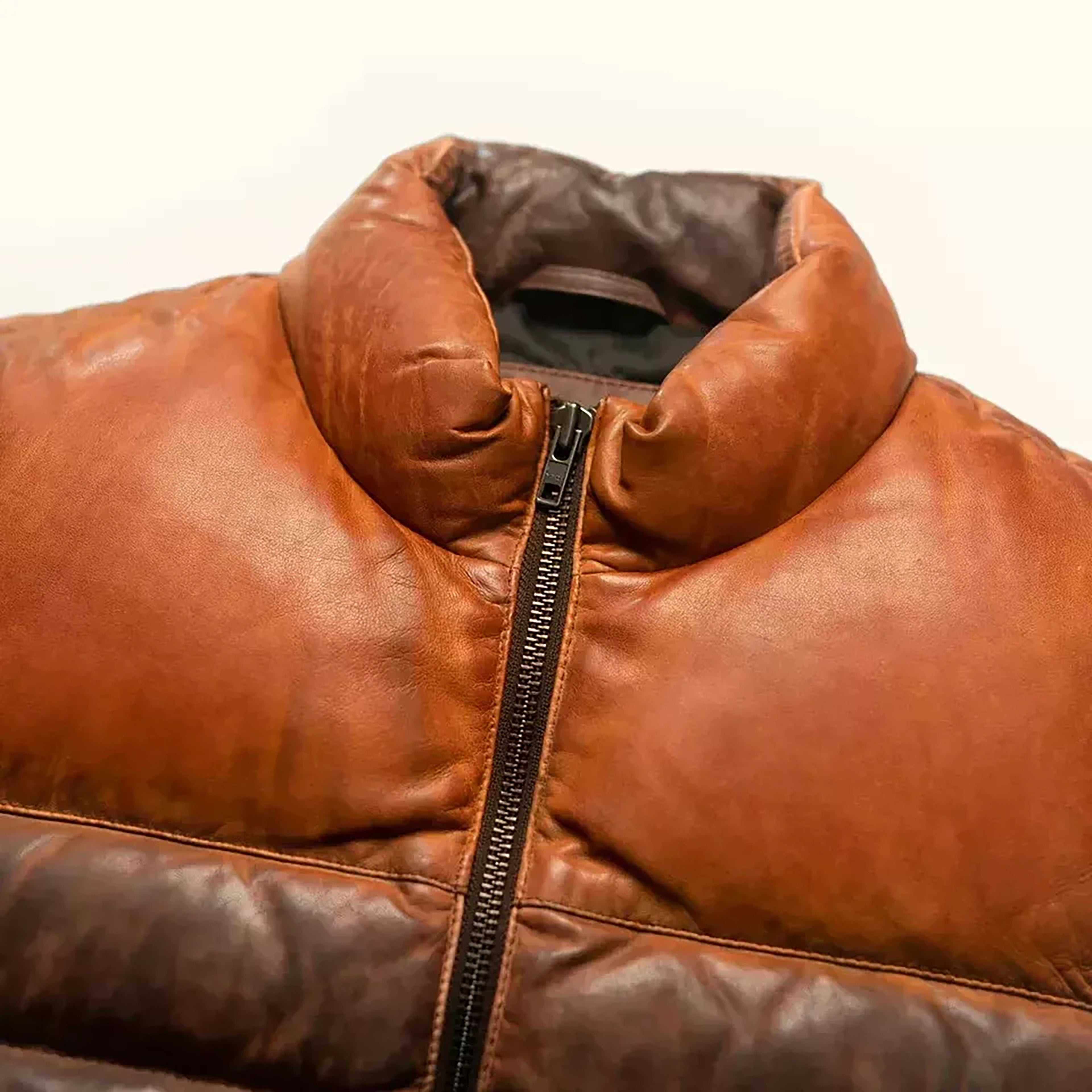 Men's Double Tone Distressed Quilted Style Sheepskin Leather Puffer Jacket