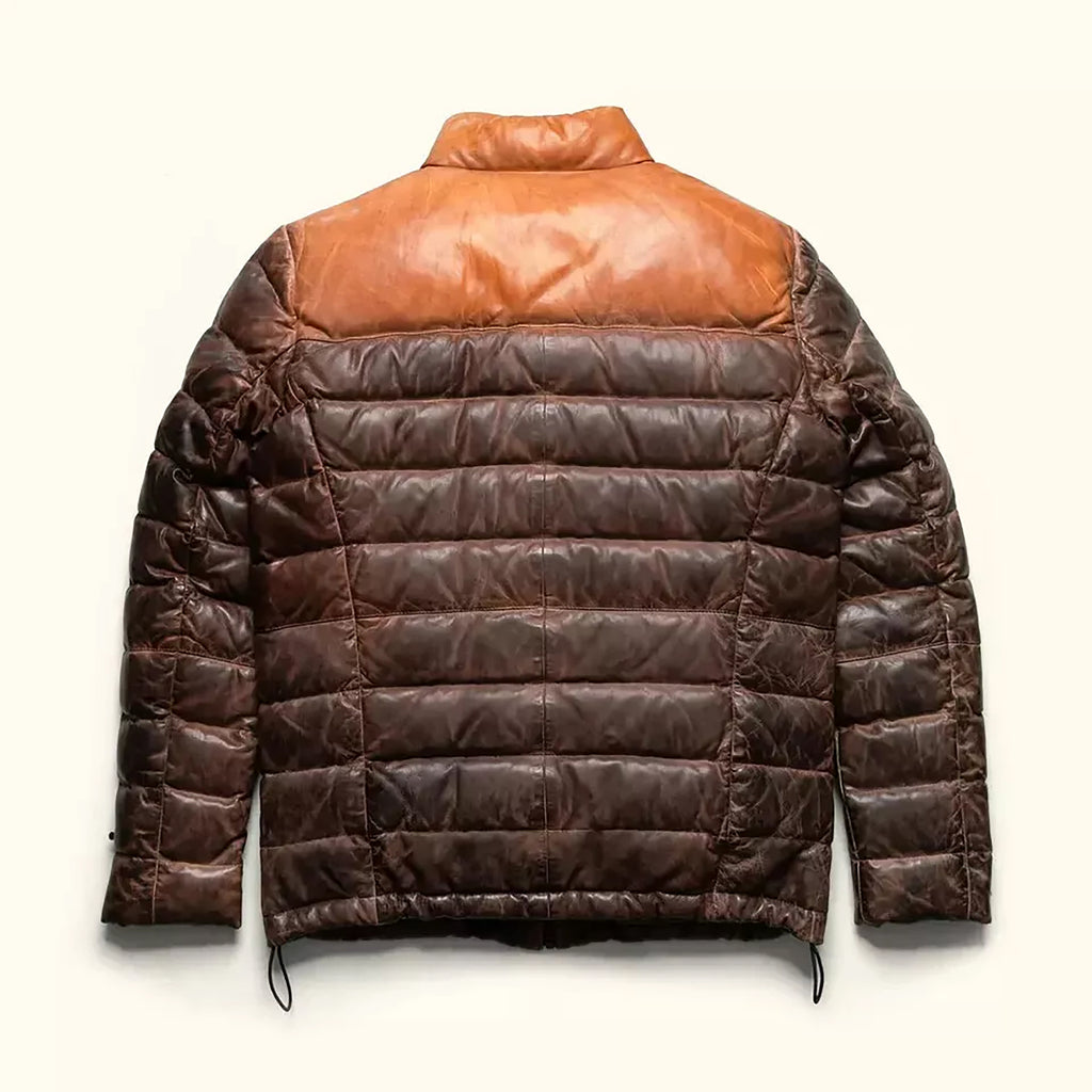 Men's Double Tone Distressed Quilted Style Sheepskin Leather Puffer Jacket