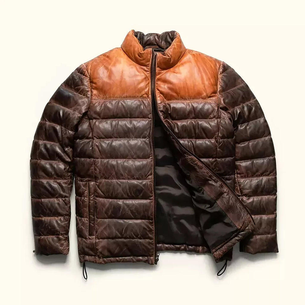 Men's Double Tone Distressed Quilted Style Sheepskin Leather Puffer Jacket