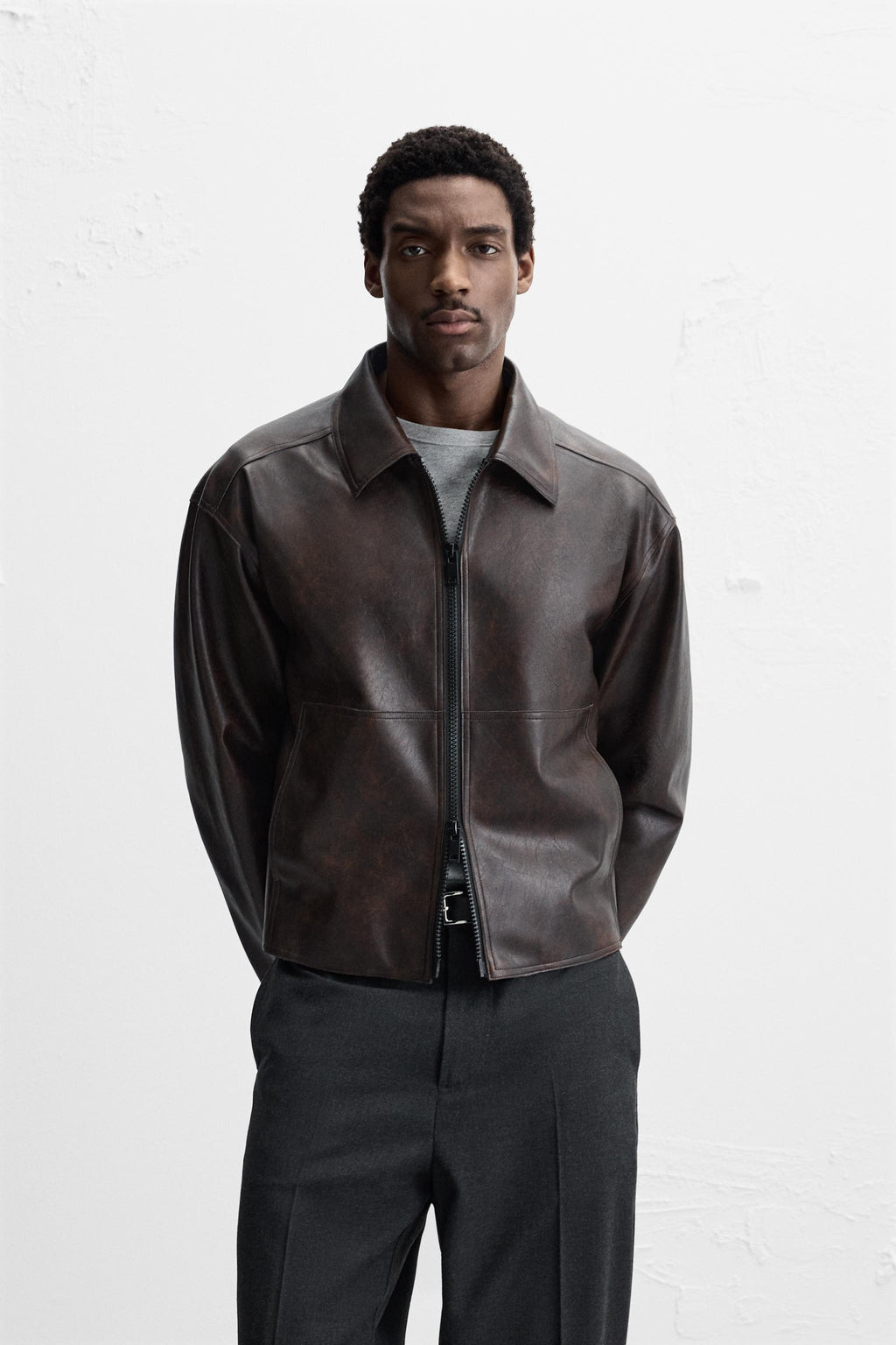 Men's Faded Simple Leather Jacket Brown