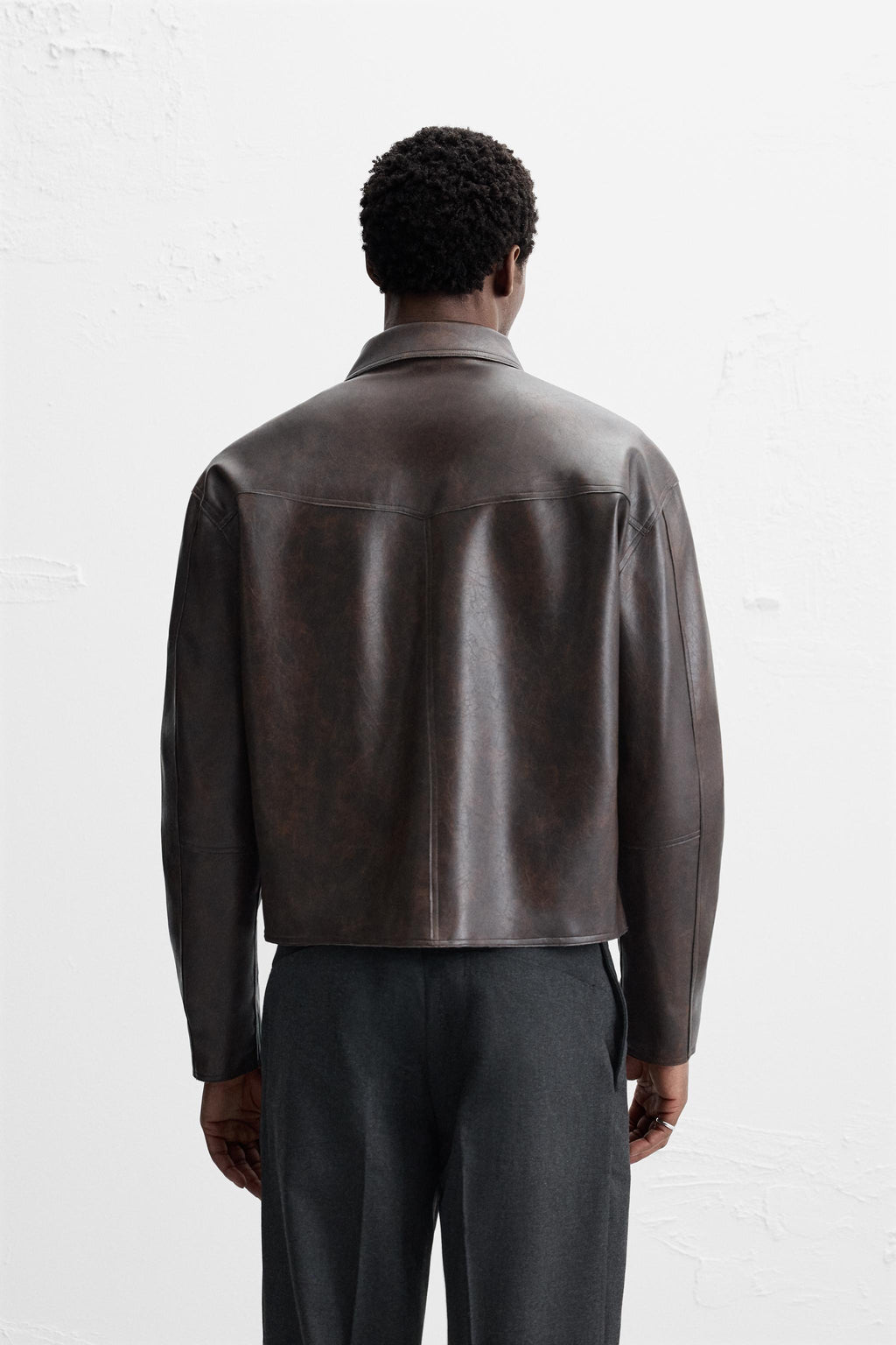 Men's Faded Simple Leather Jacket Brown