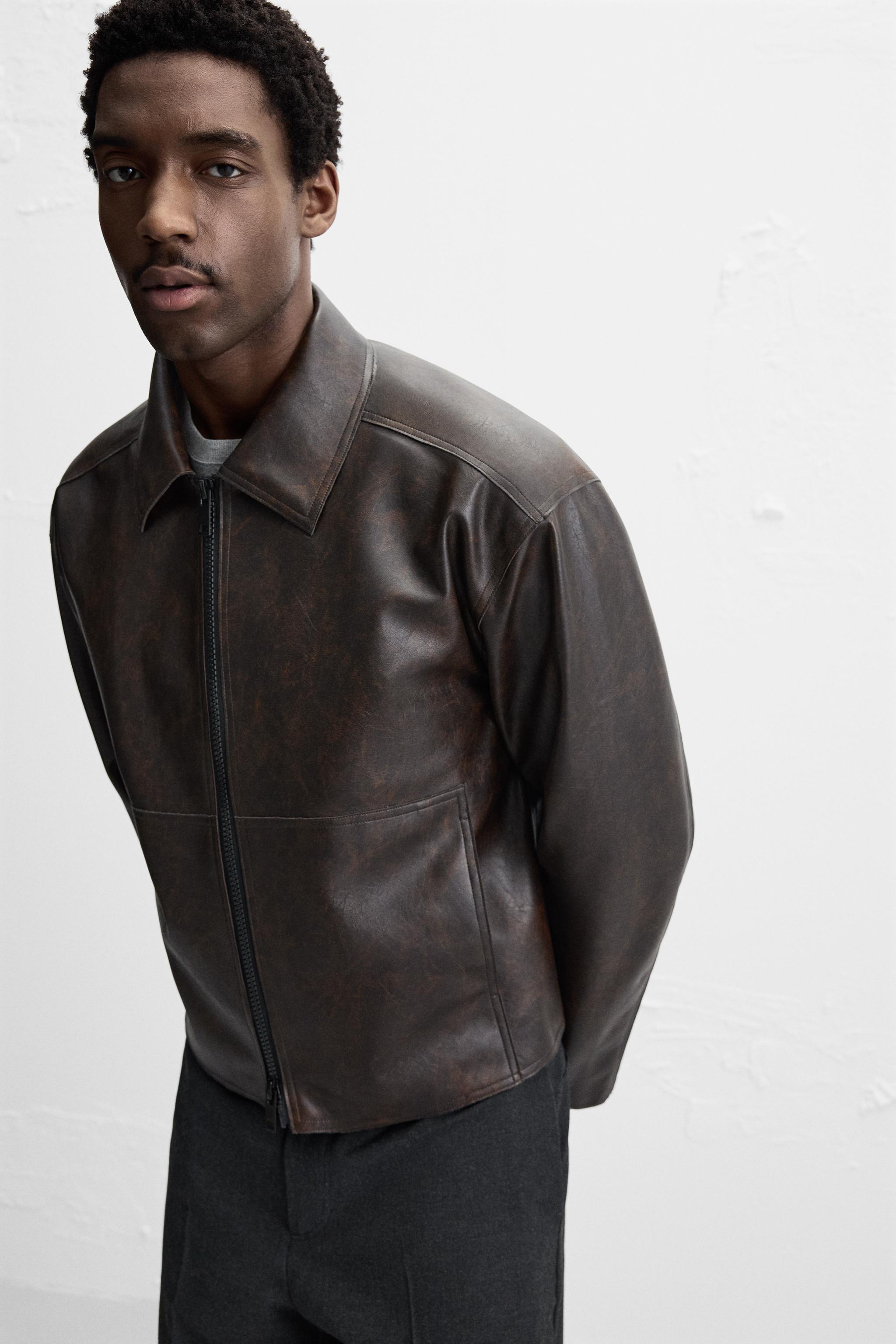 Men's Faded Simple Leather Jacket Brown