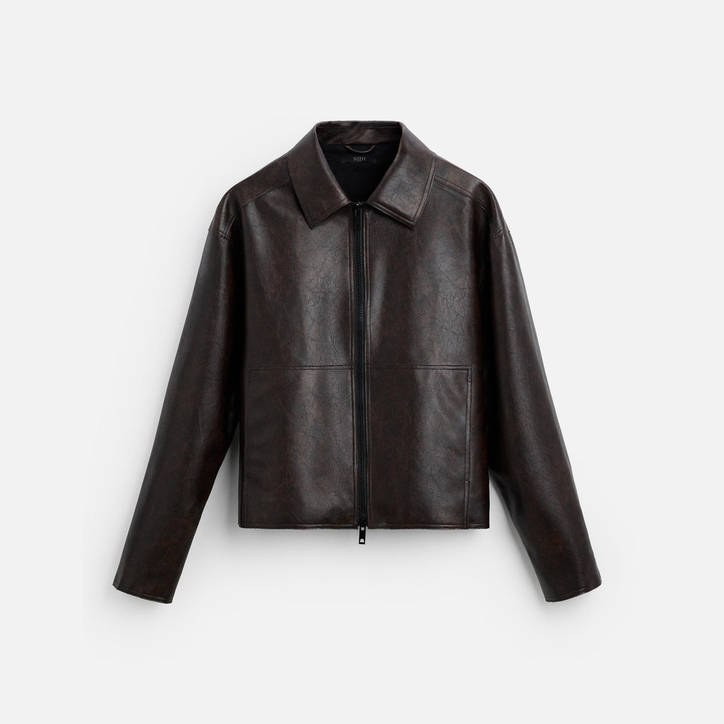 Men's Faded Simple Leather Jacket Brown