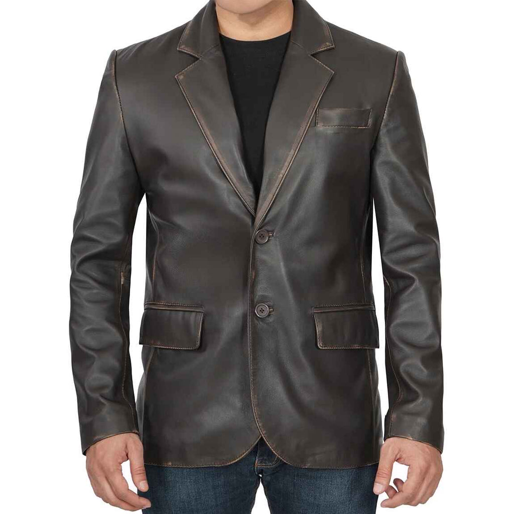 Men's Front Closure Dark Brown Rub Off Leather Blazer