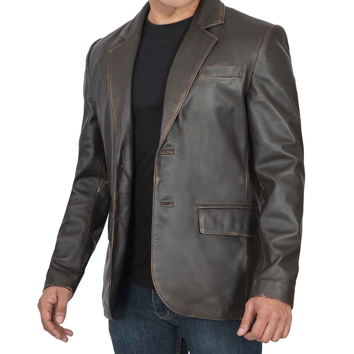 Men's Front Closure Dark Brown Rub Off Leather Blazer