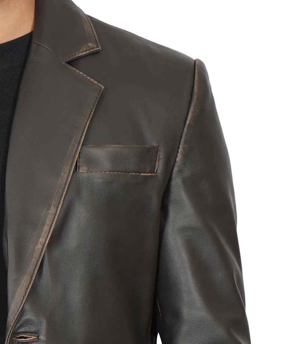 Men's Front Closure Dark Brown Rub Off Leather Blazer