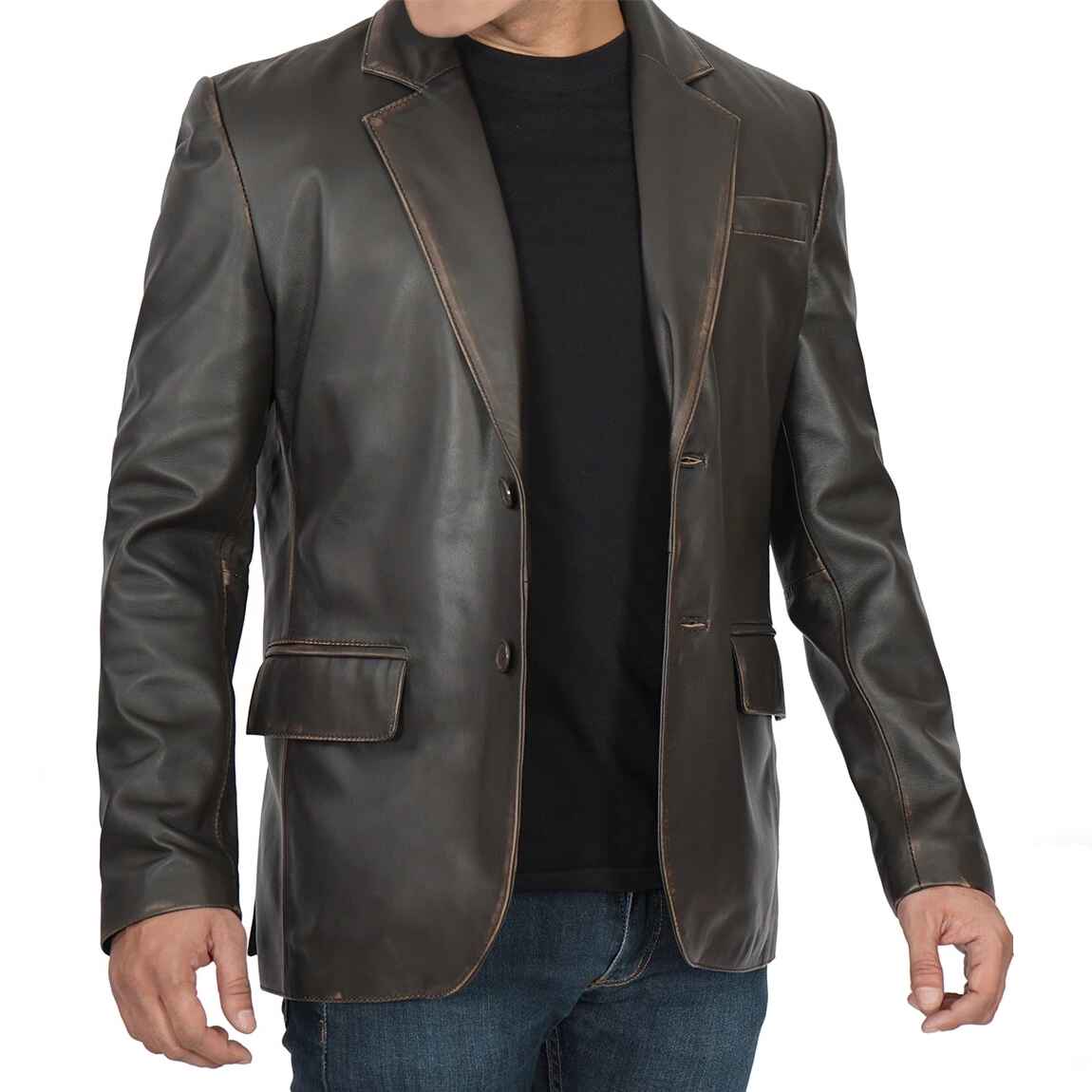Men's Front Closure Dark Brown Rub Off Leather Blazer