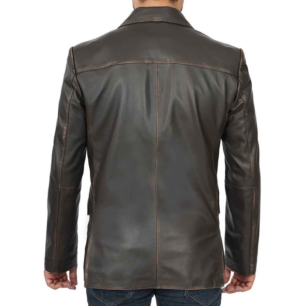 Men's Front Closure Dark Brown Rub Off Leather Blazer