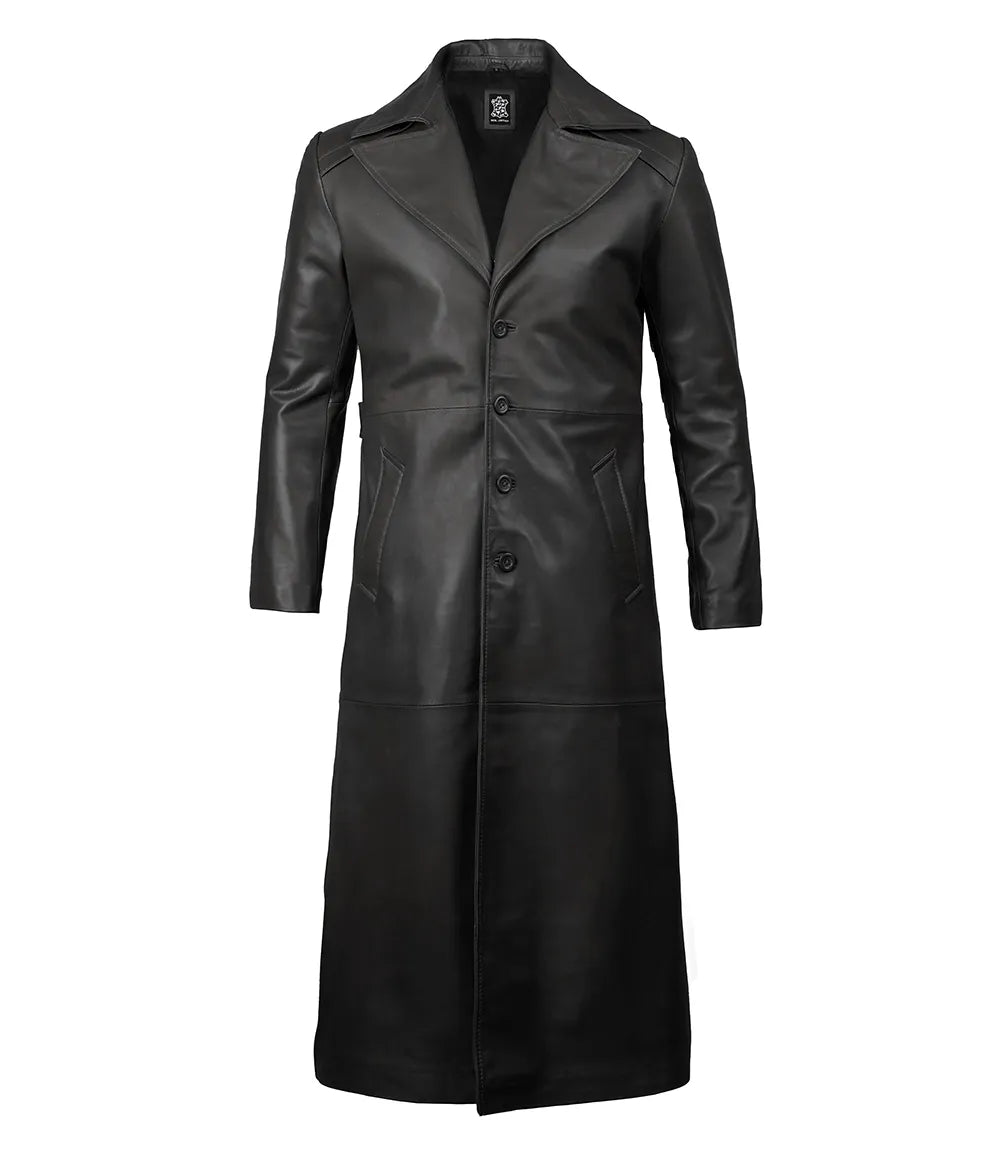 Men’s Full Length Real Leather Black Duster Coat