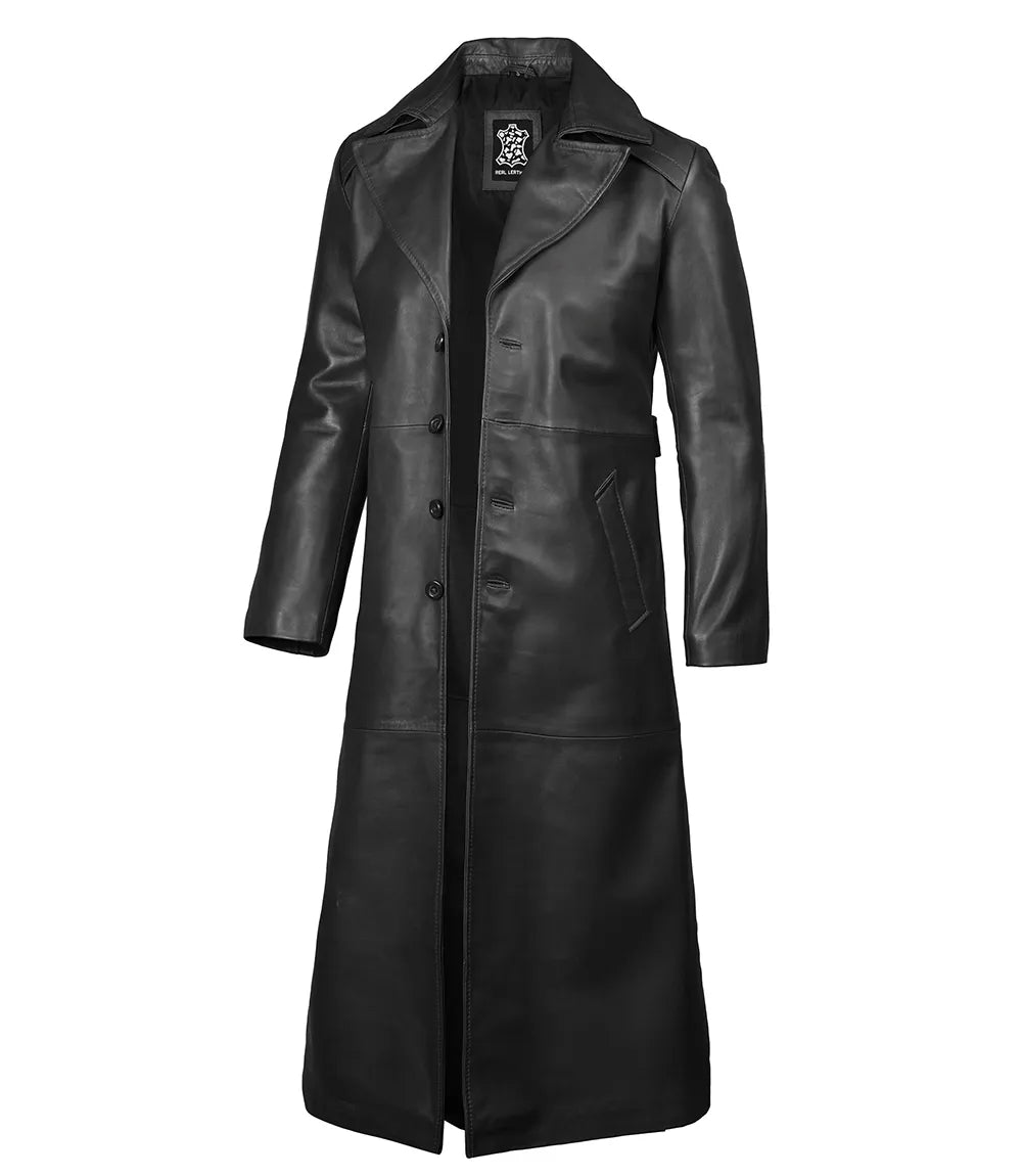 Men’s Full Length Real Leather Black Duster Coat
