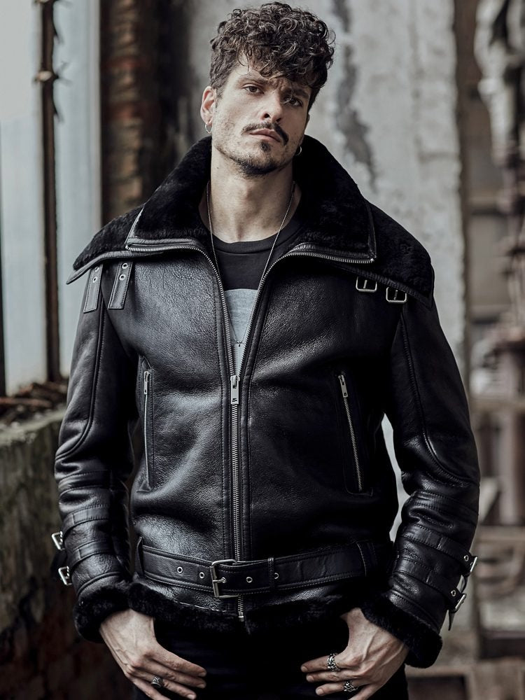Men’s Fur Collar B3 Black Leather Shearling Coat