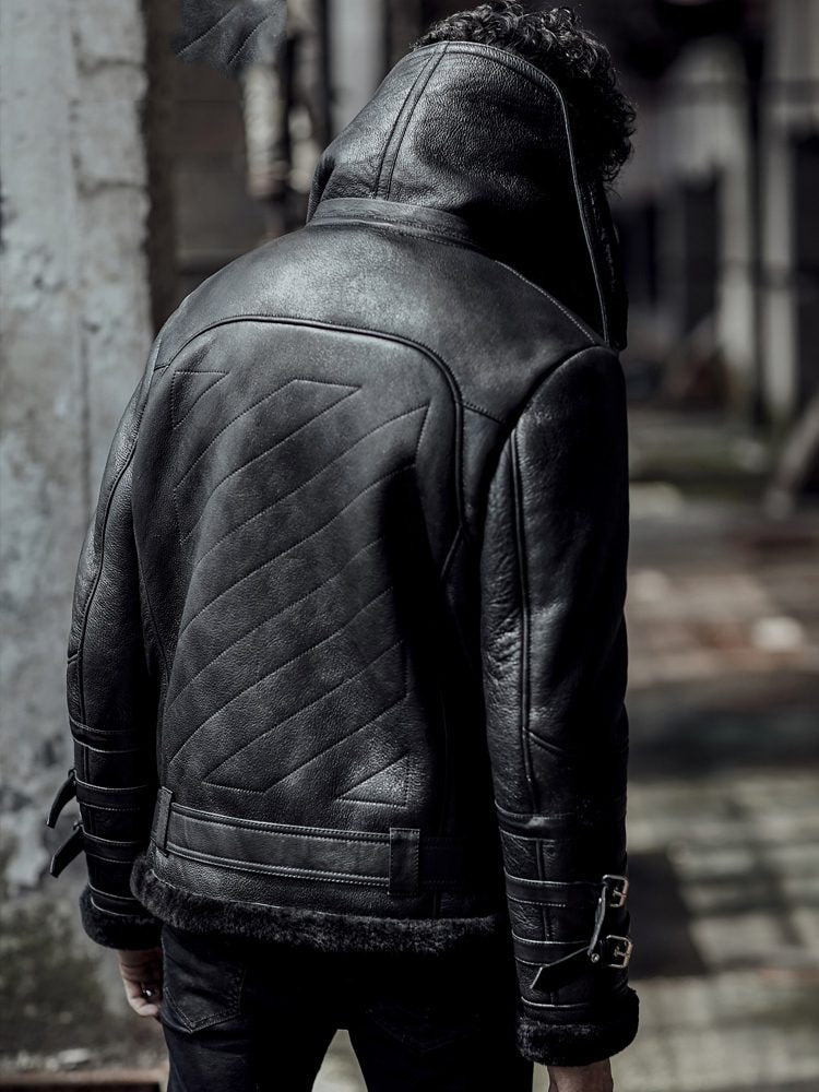 Men’s Fur Collar B3 Black Leather Shearling Coat