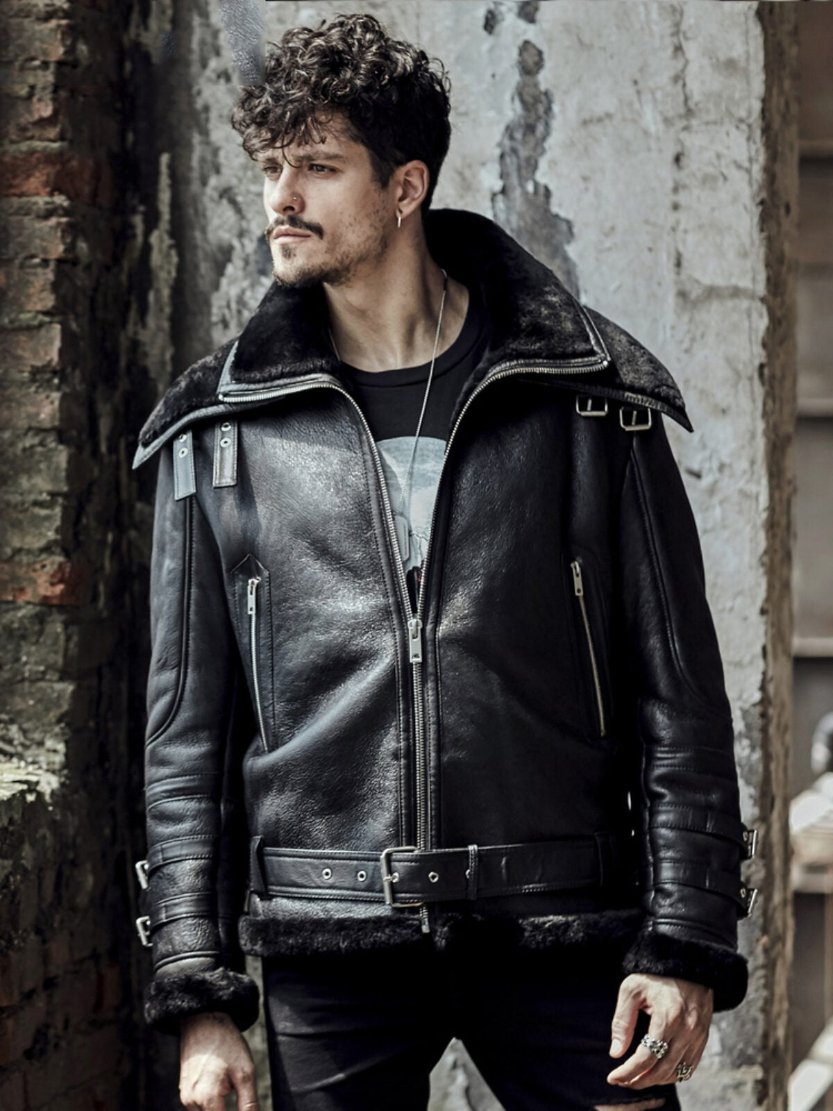 Men’s Fur Collar B3 Black Leather Shearling Coat