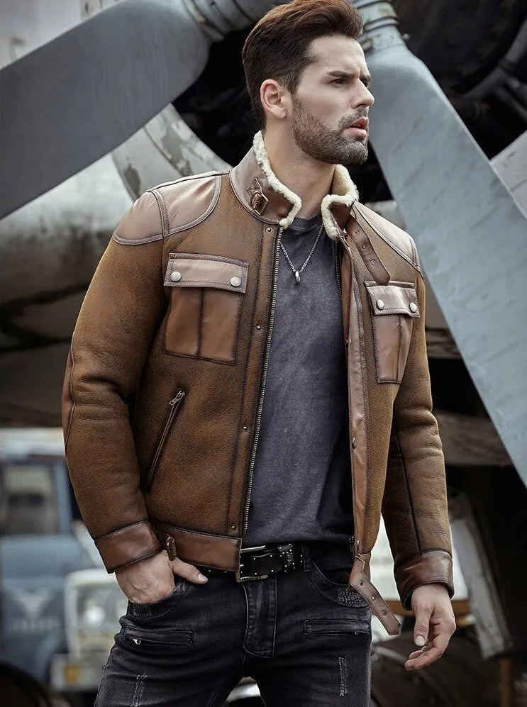 Men's Fur & Shearling Leather Jacket in Brown
