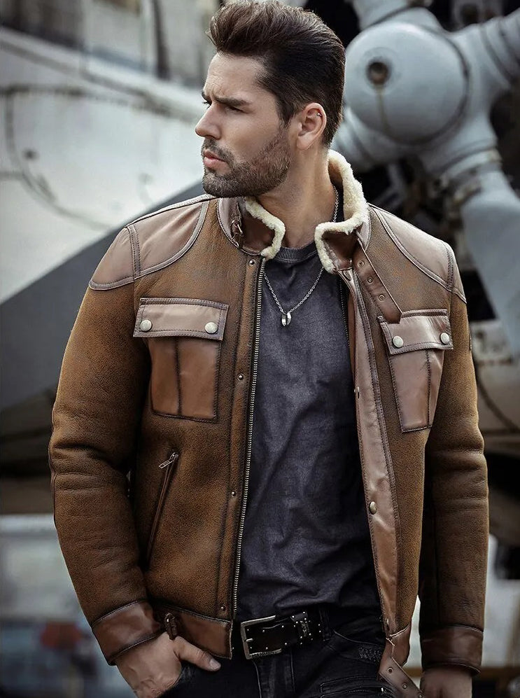Men's Fur & Shearling Leather Jacket in Brown