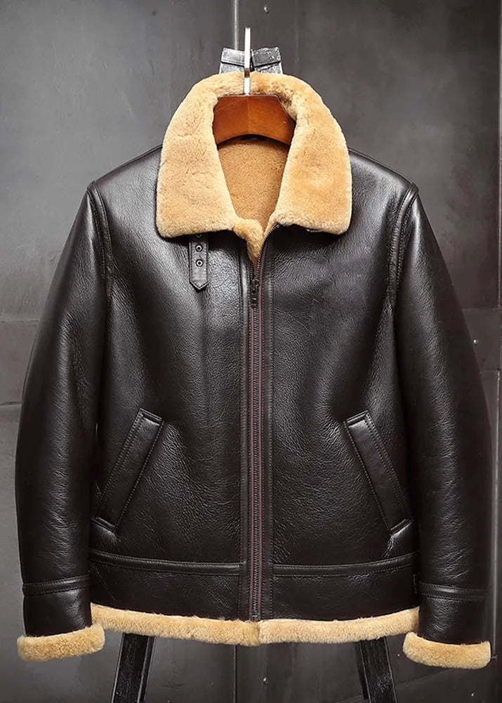 Men's Fur & Shearling Sheepskin Leather Jacket in Brown