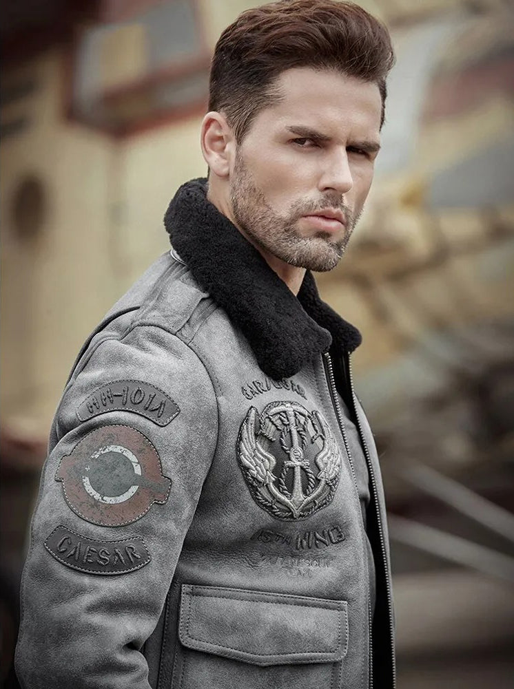 Men's Fur & Shearling Sheepskin Leather Jacket in Grey