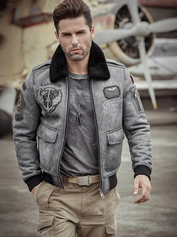 Men's Fur & Shearling Sheepskin Leather Jacket in Grey