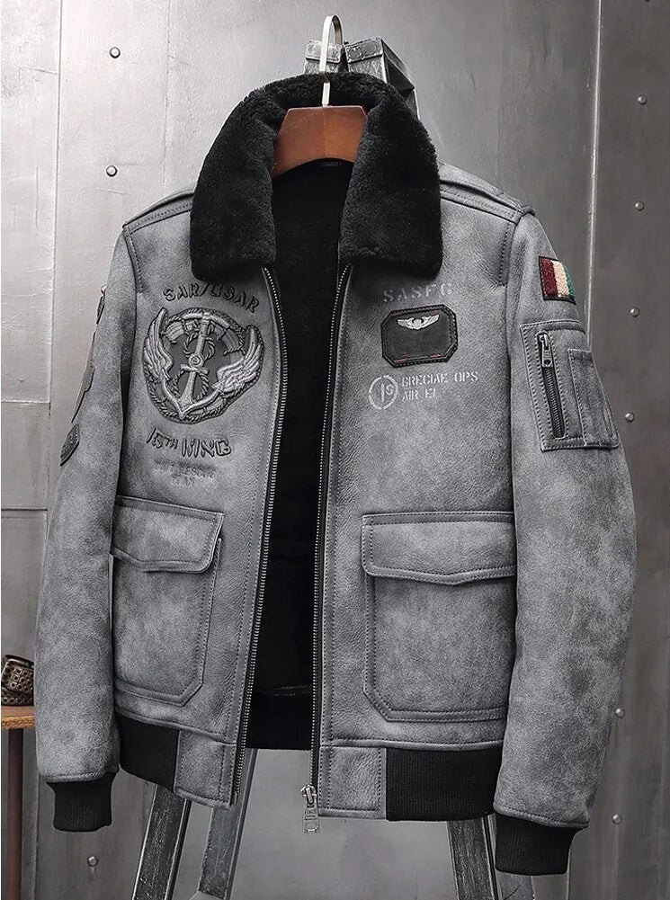 Men's Fur & Shearling Sheepskin Leather Jacket in Grey
