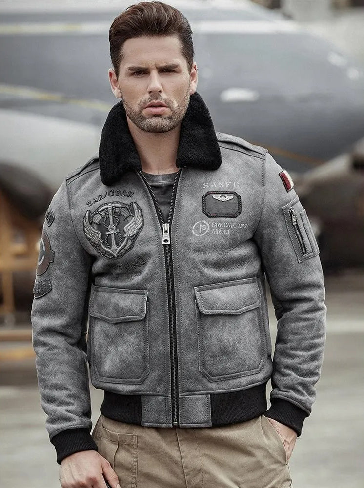 Men's Fur & Shearling Sheepskin Leather Jacket in Grey